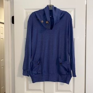 Blue cowl neck tunic sweatshirt with pockets